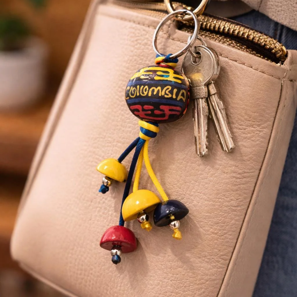 Handmade Colombian Beaded Keychain – Hand-Painted Ceramic/Resin Beads in Flag Colors
