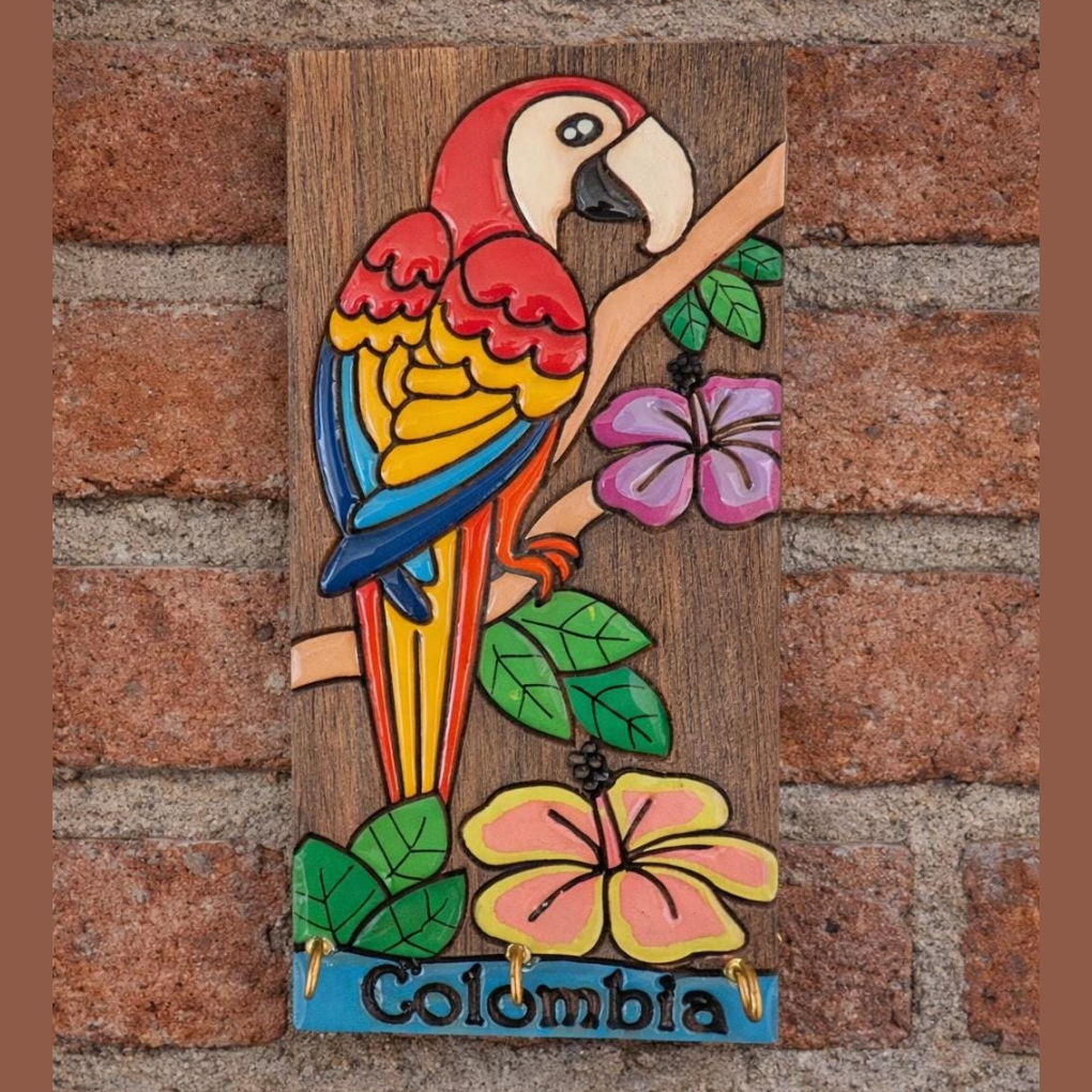 Handcrafted Colombian Wooden Key Holder - Tropical Folk Wall Decor Organizer