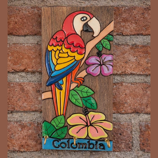 Handcrafted Colombian Wooden Key Holder - Tropical Folk Wall Decor Organizer