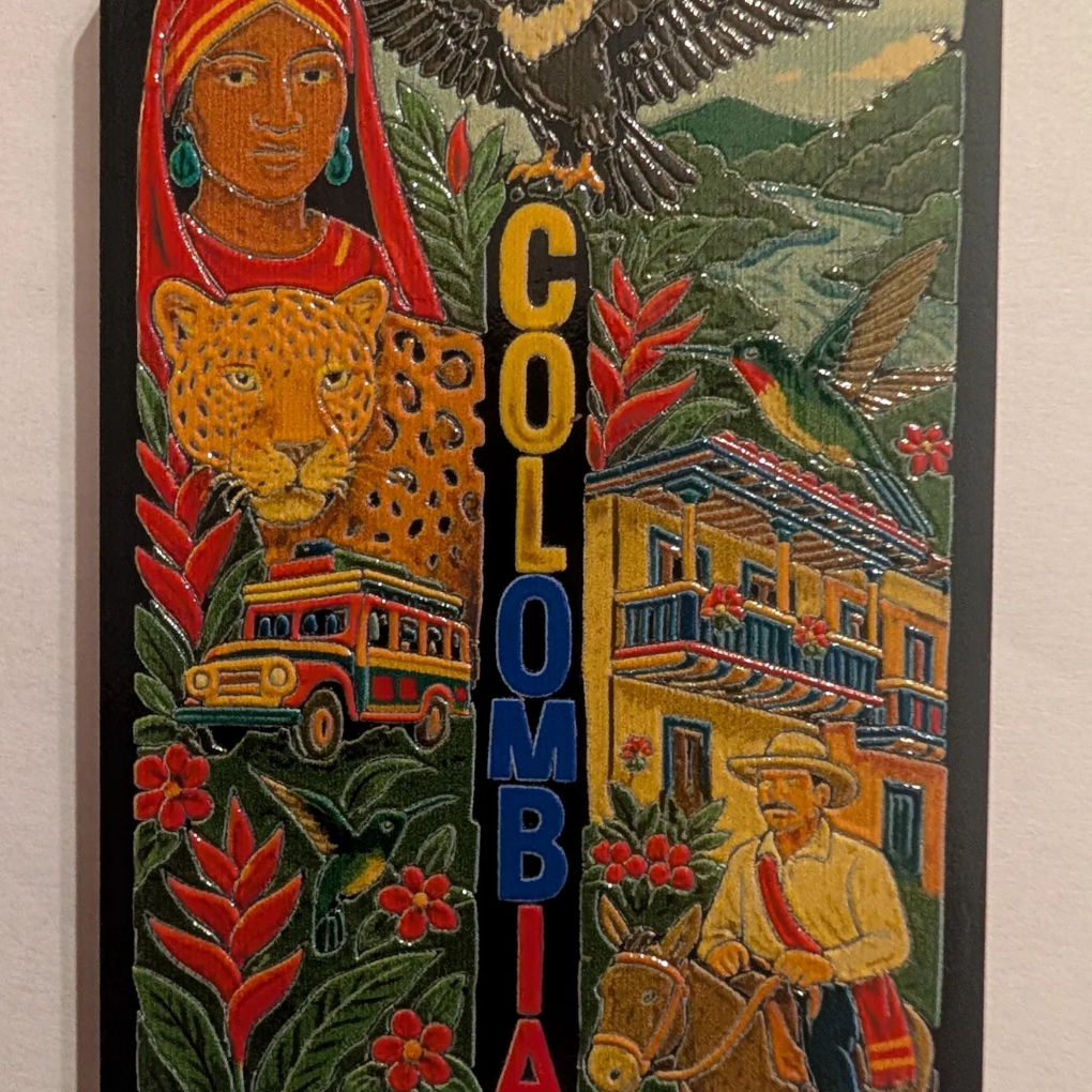 Colombia Souvenir Magnet – MDF Fridge Magnet with Jaguar, Indigenous Woman, Andean Condor &amp; Chiva Bus