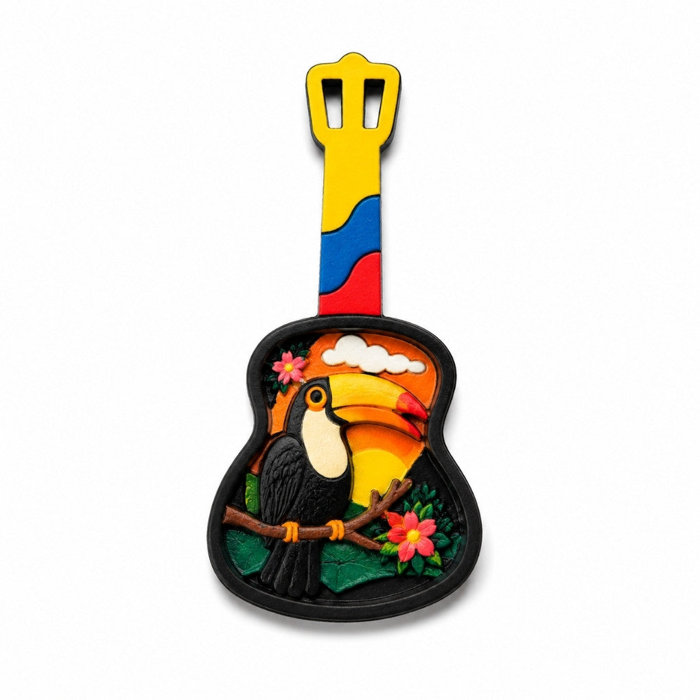 Handmade Colombian 3D Guitar Magnet with Toucan or Macaw | Colorful Fridge Decor