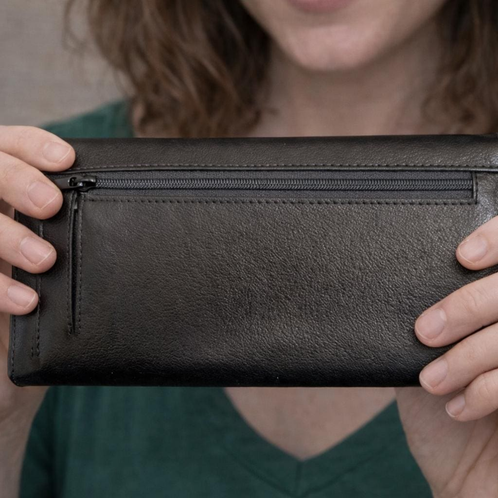 Handmade Black Leather Wallet – Large Checkbook Clutch with Zipper Pocket