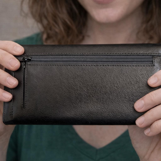 Handmade Black Leather Wallet – Large Checkbook Clutch with Zipper Pocket