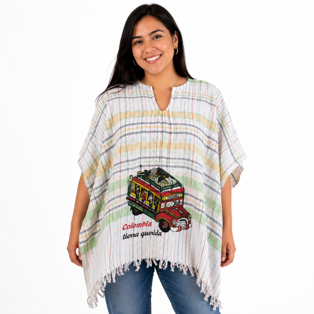 Colombian Chiva poncho, traditional handmade unisex ruana