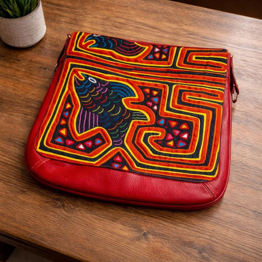 Handmade Leather &amp; Mola Crossbody Bag