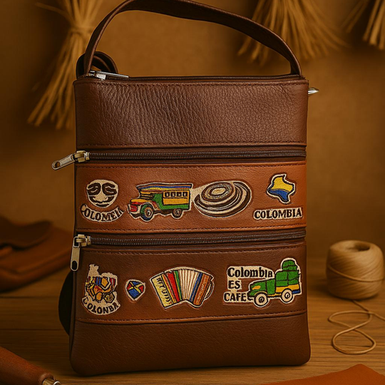Handmade Colombian Leather Crossbody Bag – Artisan Appliqué Design