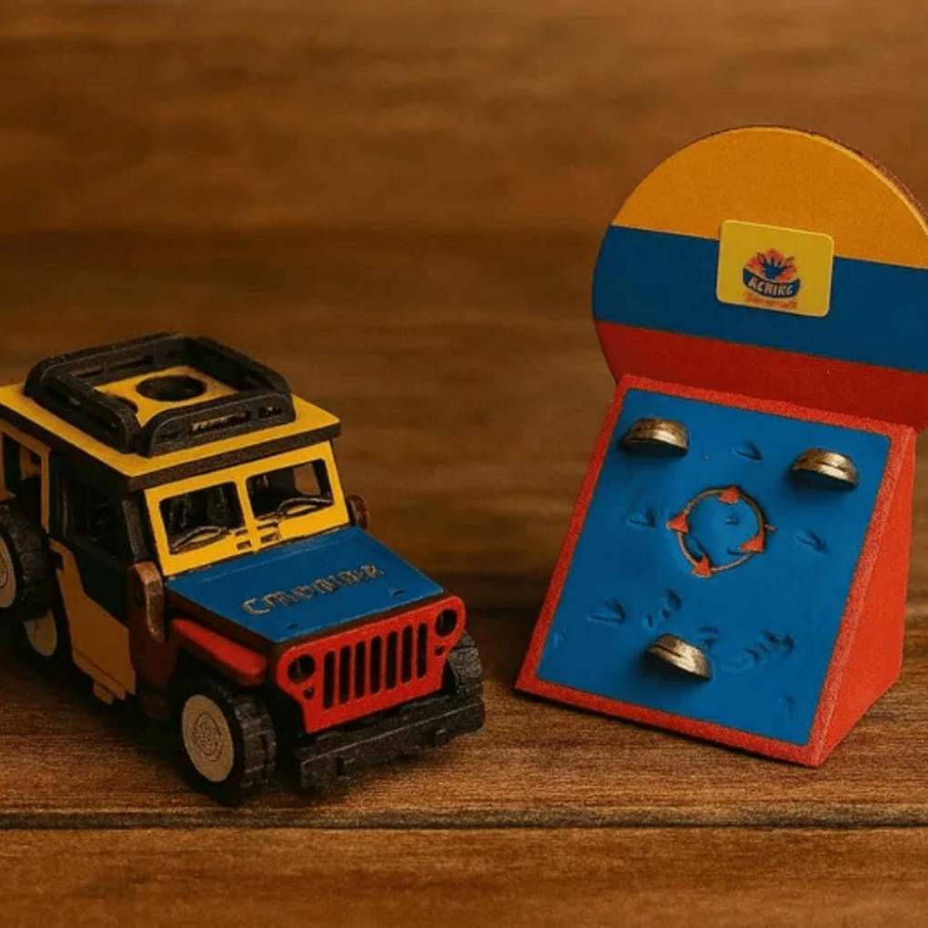 Handmade Colombian Miniature Set • Willys Jeep, Chiva Bus &amp; Tejo Game