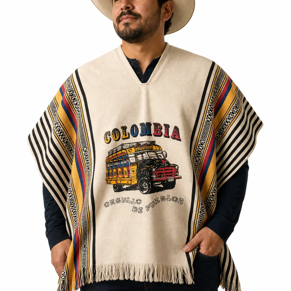 Colombian Paisa poncho with Chiva bus, traditional handmade ruana