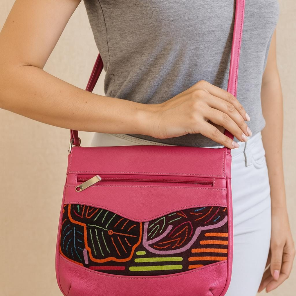 Handmade Mola Leather Crossbody Bag | Colorful Tribal Art Purse