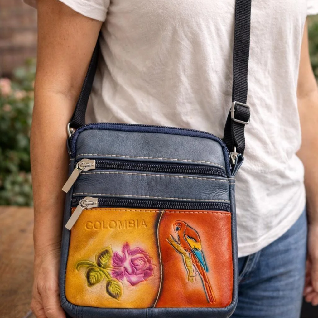 Handmade Leather Colombia Mini Bag – Tooled Tula Purse with Rose &amp; Macaw