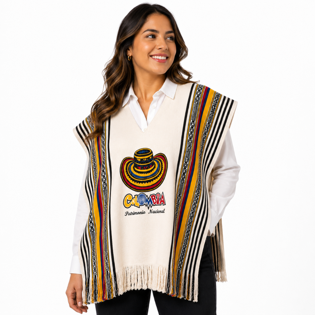 Colombian Paisa Poncho with Sombrero Vueltiao | Handmade Colombian Heritage Ruana | Unisex Traditional Cape