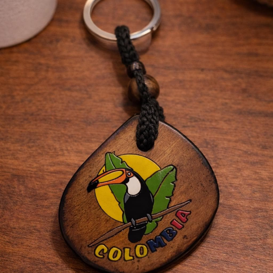Handmade Colombian Coconut Keychain – Natural Tropical Souvenir with Toucan, Vallenato &amp; Fruit Seller Designs