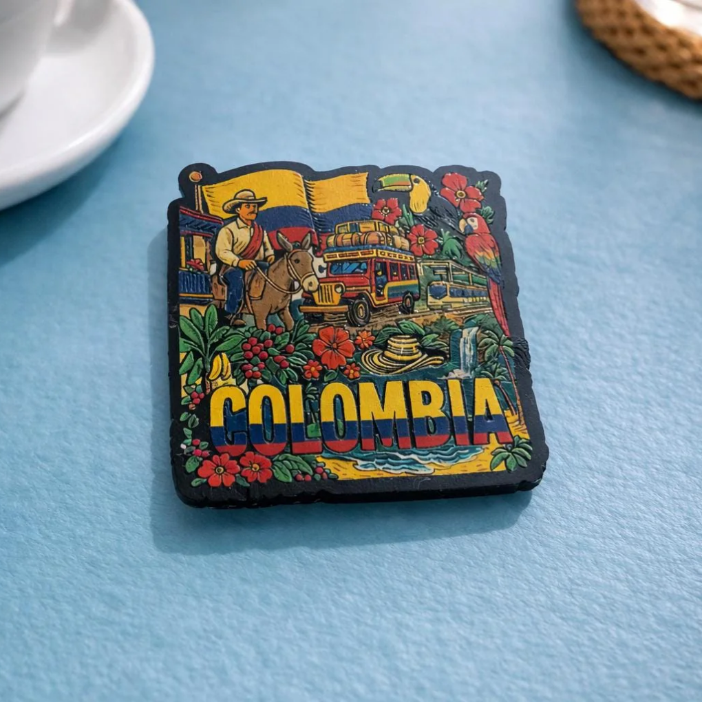 Colombia Souvenir Magnet – Colorful MDF Fridge Magnet with Chiva, Farmer &amp; Tropical Flowers