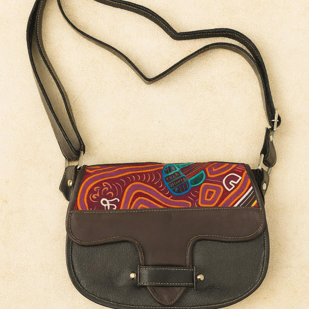 Handmade Leather Carriel Bag | Colombian Mola Art, Shoulder Bag