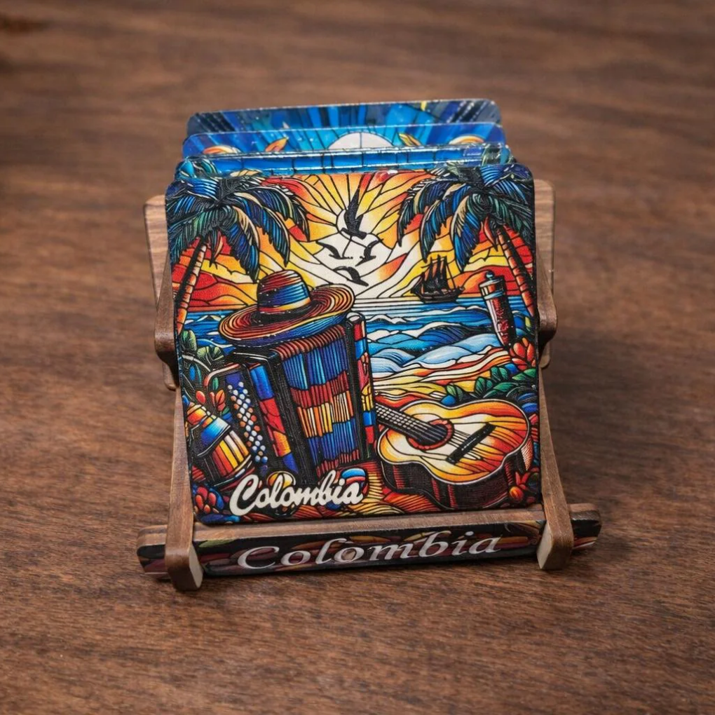 Colorful Colombian Coaster Set with Holder • Tropical Coffee Art • Artisan Wooden Decor