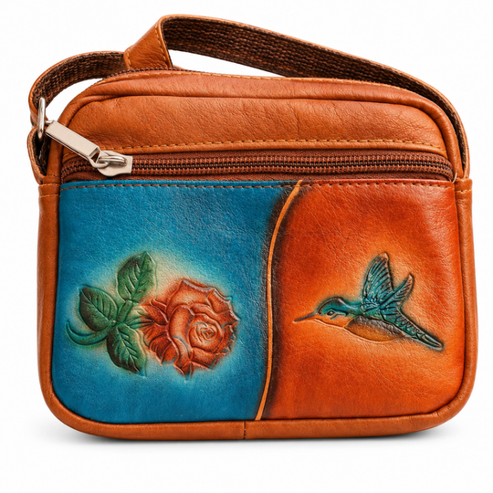 Handmade Leather Mini Crossbody – Tooled Tula Purse with Rose &amp; Hummingbird
