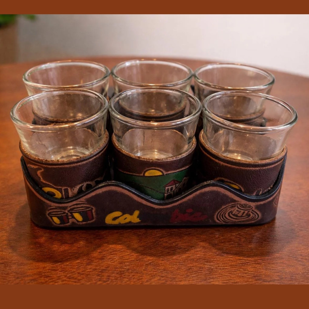 Handmade Colombian Leather Shot Glass Set | Artisan Barware with Case