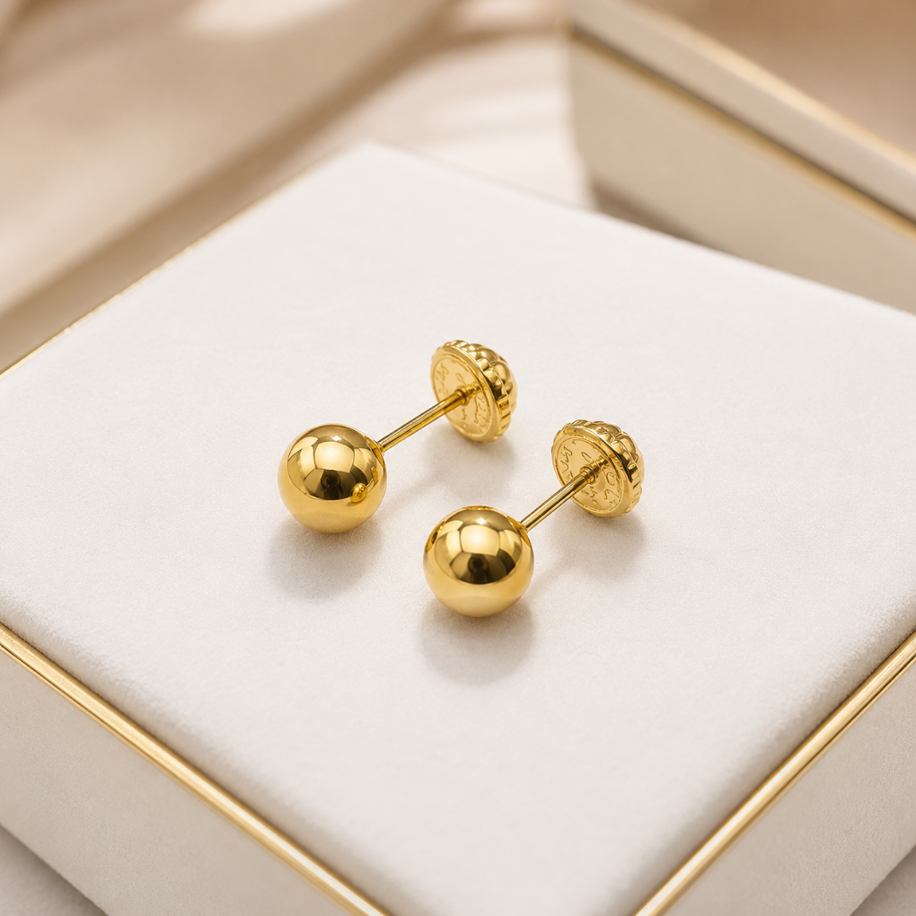 18K gold ball stud earrings, classic minimalist fine gold jewelry