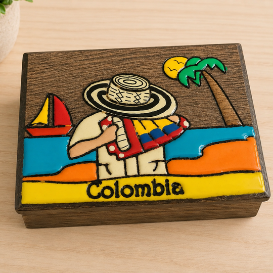 Handcrafted Colombian Wooden Jewelry Box Folk Art Decor Coffee Truck And Accordion