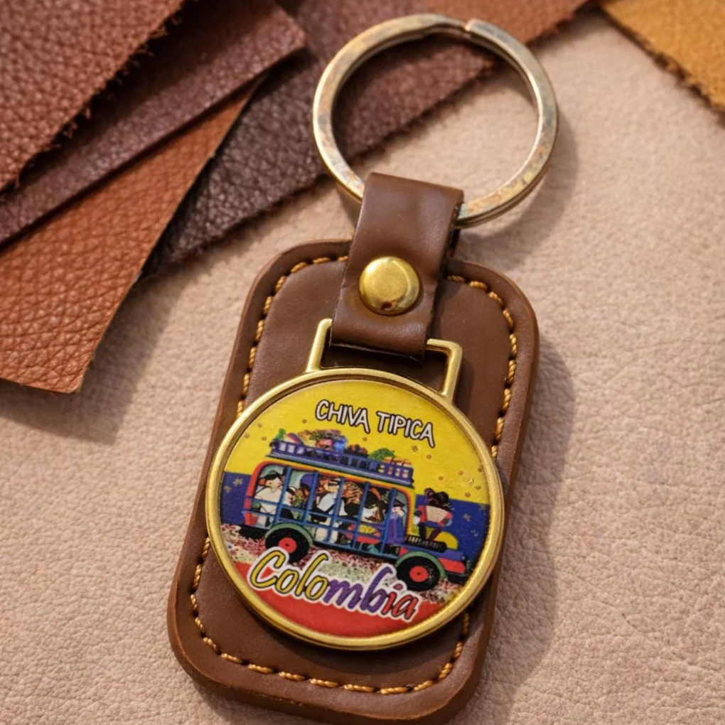 Colombian Keychain – Faux Leather Souvenir with Metal Badge – Sombrero Vueltiao &amp; Chiva Design