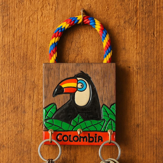 Handmade Colombian Key Holder with Rope Handle • Small Wall Hanger • Colorful Rustic Decor