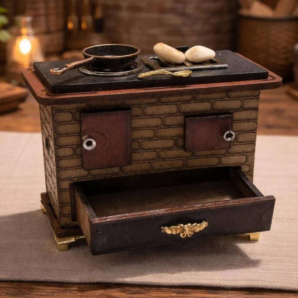 Handmade Miniature Vintage Kitchen Stove| Rustic Wooden Dollhouse Decor