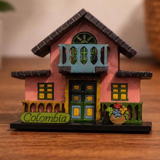 Handmade Colombian Balcony House Magnet – 3D Wooden Fridge Souvenir with Flowers