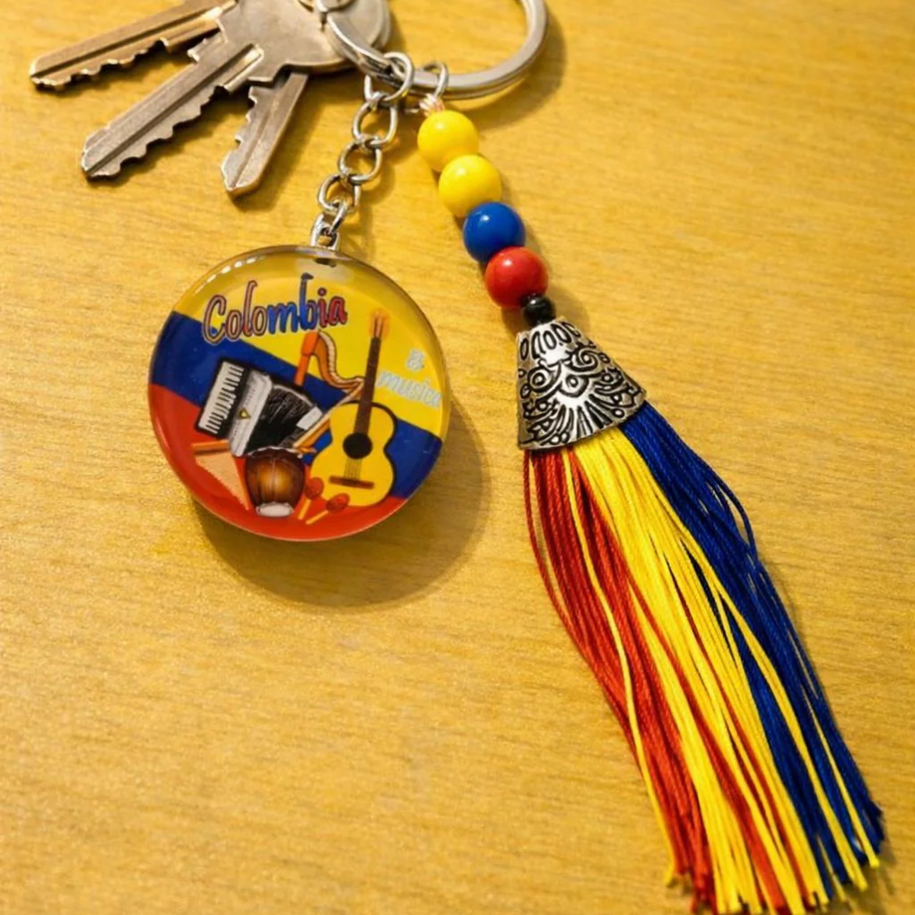 Colombian Flag Tassel Keychain – Handmade Souvenir with Beads &amp; Metal Charm – Chiva or Vallenato Design