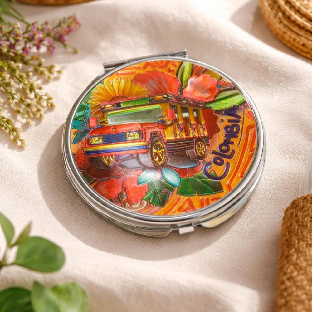 Handcrafted Colombian Makeup Mirror Chiva Truck and Tropical Bird Beauty Accessory