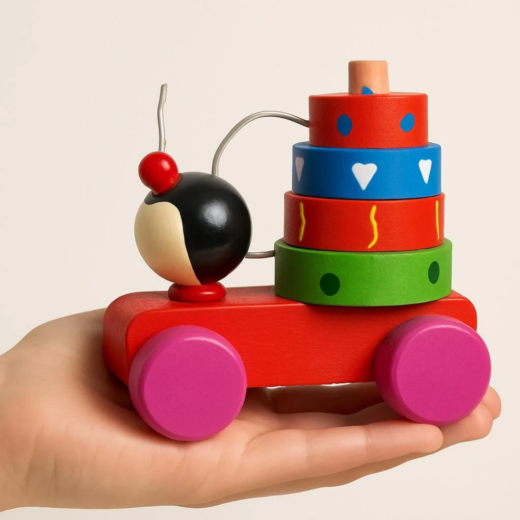 Wooden Pull Toy Ladybug Car – Montessori Stacking Toy for Toddlers – Colombian Handmade
