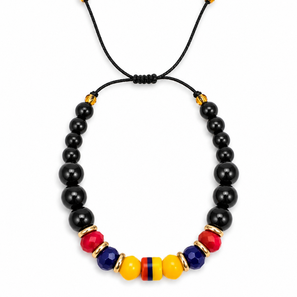 Handmade Colombian beaded bracelet with black, gold and flag colors