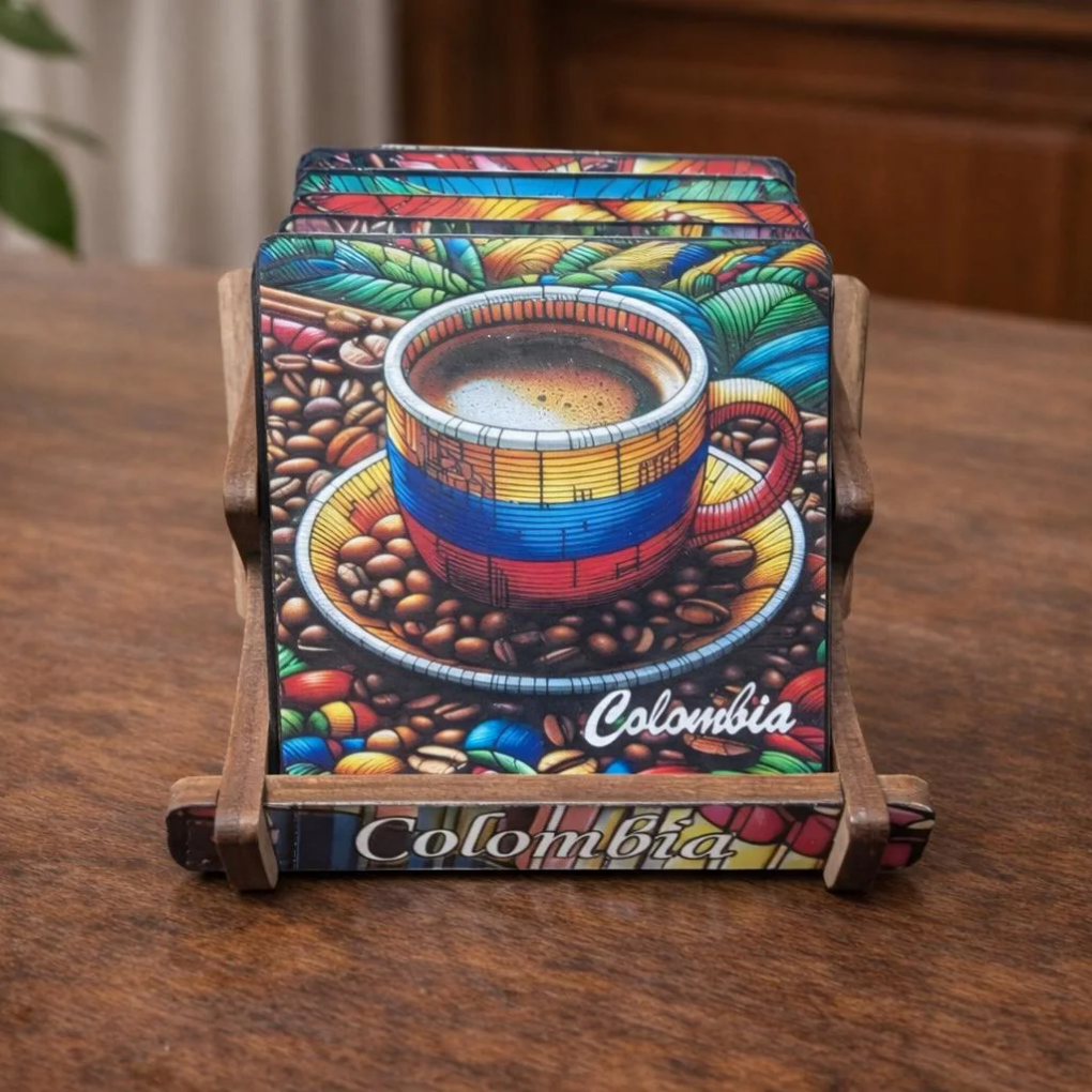 Colorful Colombian Coaster Set with Holder • Tropical Coffee Art • Artisan Wooden Decor