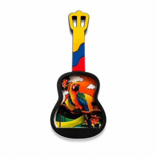 Handmade Colombian 3D Guitar Magnet with Toucan or Macaw | Colorful Fridge Decor