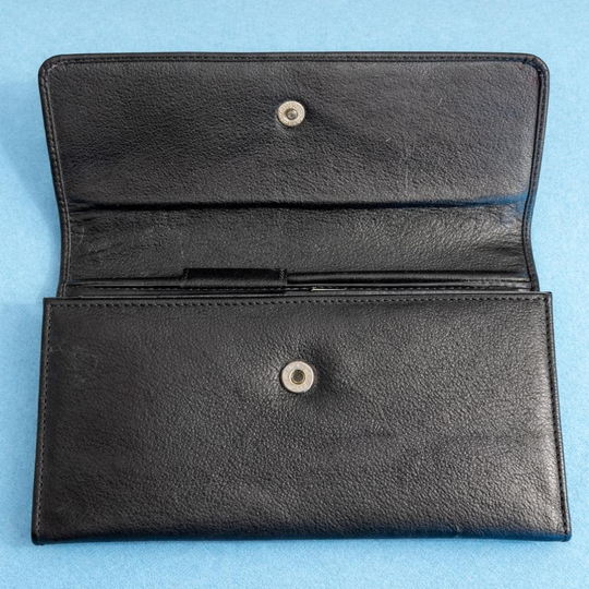 Handmade Black Leather Wallet – Large Checkbook Clutch with Zipper Pocket
