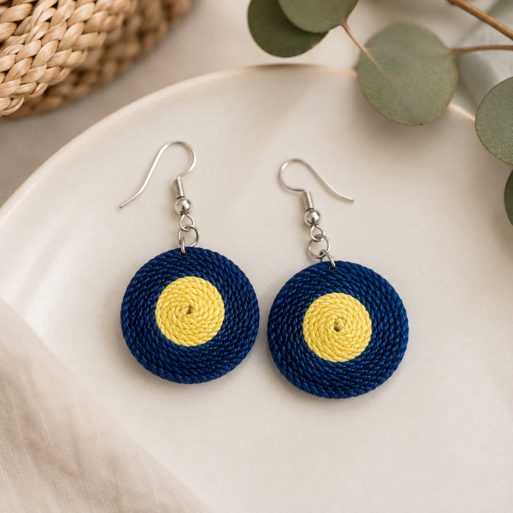 Handmade Colombian colorful round woven dangle earrings