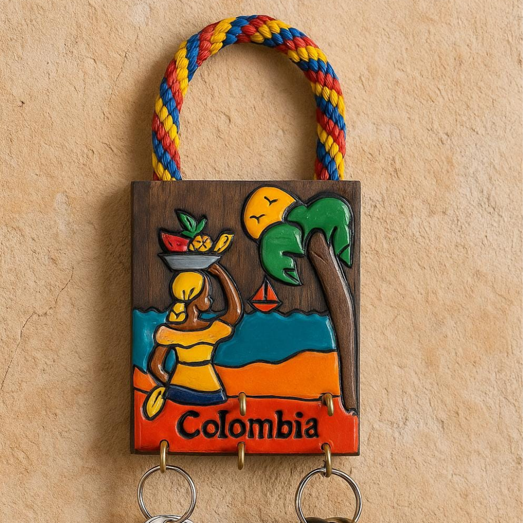 Handmade Colombian Key Holder with Rope Handle • Small Wall Hanger • Colorful Rustic Decor