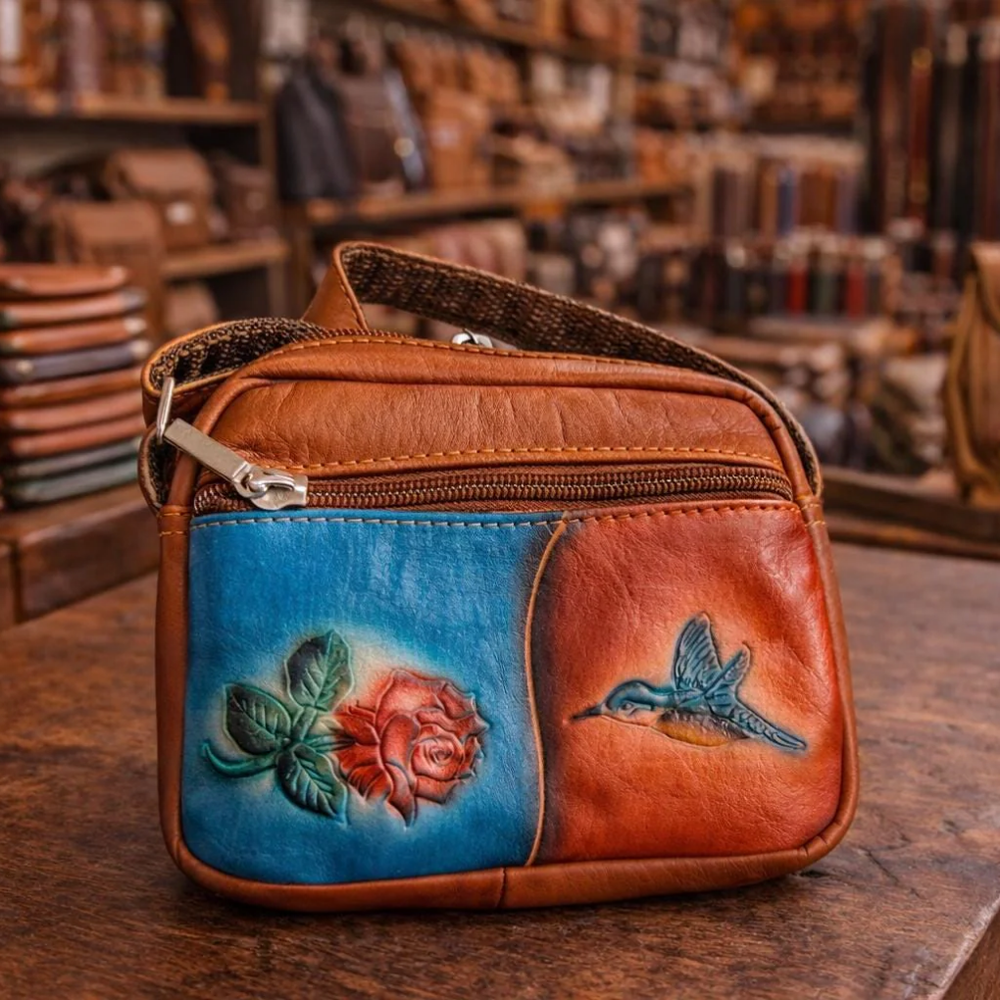 Handmade Leather Mini Crossbody – Tooled Tula Purse with Rose & Hummingbird