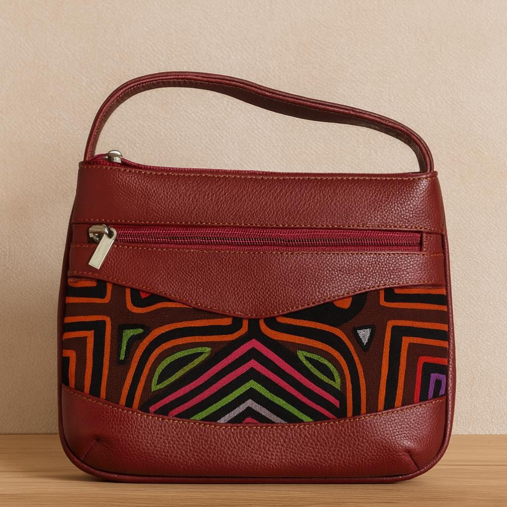 Handmade Mola Leather Crossbody Bag | Colorful Tribal Art Purse