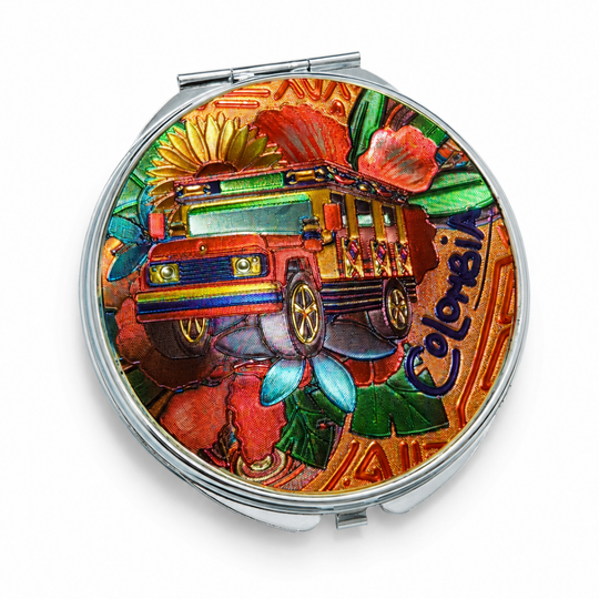 Handcrafted Colombian Makeup Mirror Chiva Truck and Tropical Bird Beauty Accessory
