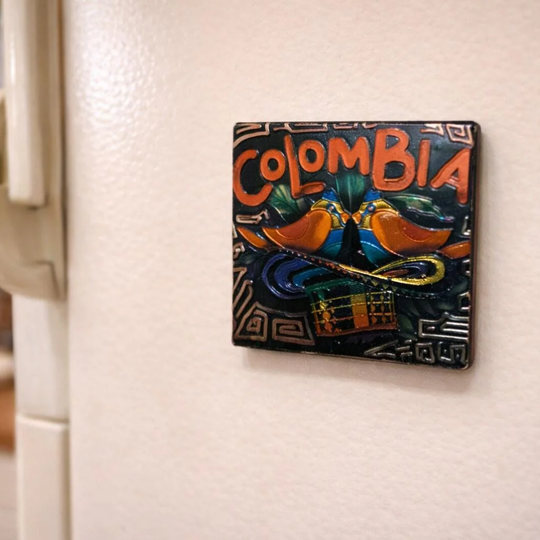 Golden Colombia Map Magnet – Shiny Metallic Souvenir with National Flag Colors