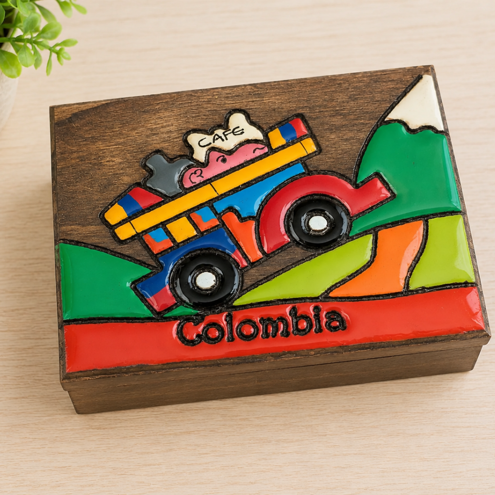 Handcrafted Colombian Wooden Jewelry Box Folk Art Decor Coffee Truck And Accordion