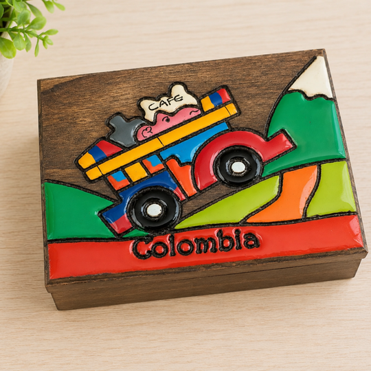Handcrafted Colombian Wooden Jewelry Box Folk Art Decor Coffee Truck And Accordion