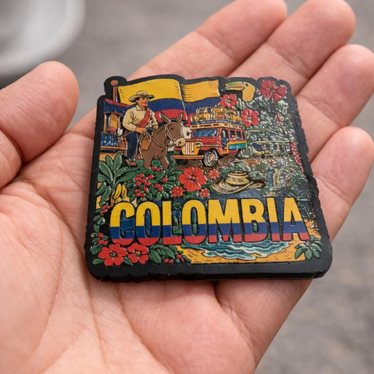 Colombia Souvenir Magnet – Colorful MDF Fridge Magnet with Chiva, Farmer &amp; Tropical Flowers