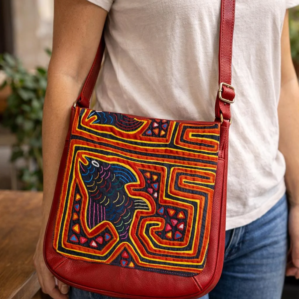 Handmade Leather & Mola Crossbody Bag