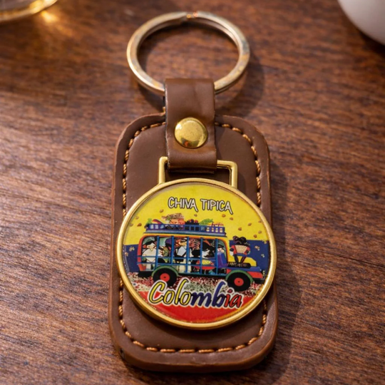 Colombian Keychain – Faux Leather Souvenir with Metal Badge – Sombrero Vueltiao &amp; Chiva Design