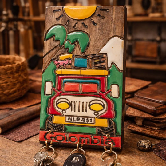 Handcrafted Colombian Wooden Key Holder - Tropical Folk Wall Decor Organizer