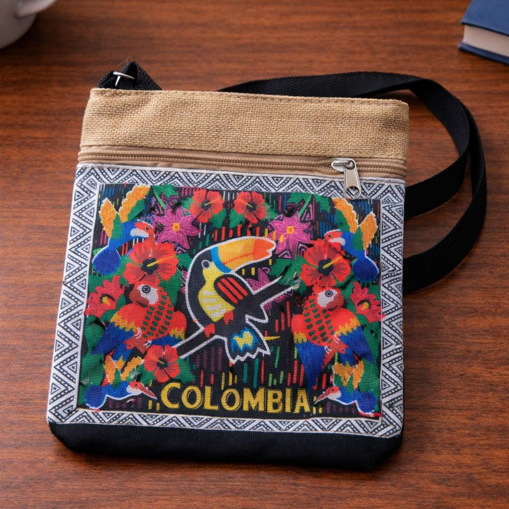 Colombian Canvas Crossbody Bag | Colorful Toucan Print Travel Shoulder Bag