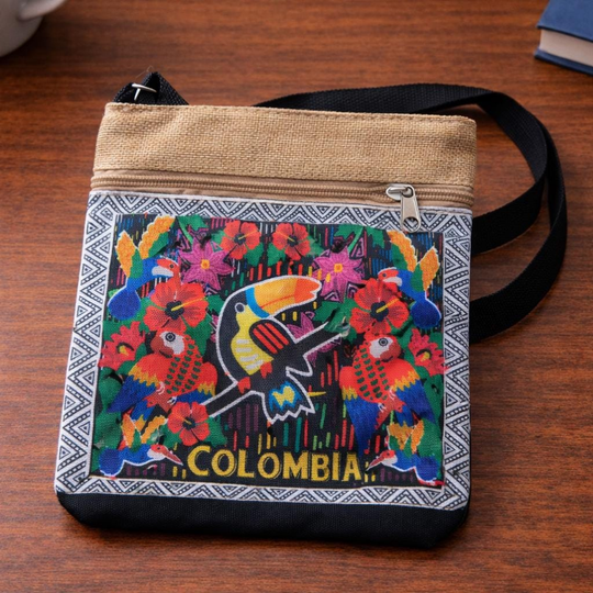 Colombian Canvas Crossbody Bag | Colorful Toucan Print Travel Shoulder Bag