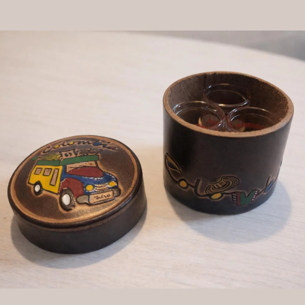 Set of 3 Handmade Shot Glasses with Leather Case and Lid – Colombian Design