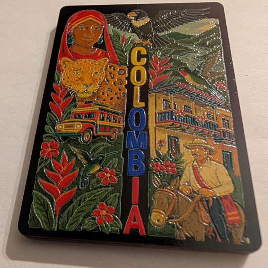 Colombia Souvenir Magnet – MDF Fridge Magnet with Jaguar, Indigenous Woman, Andean Condor &amp; Chiva Bus